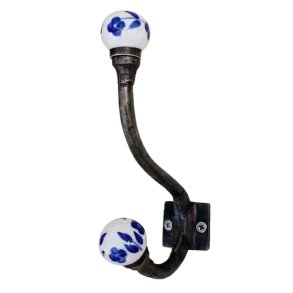  Lundager Dobbelt Knage, Jern Med Porcel�ns Knop, Bl� M�nster