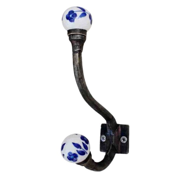  Lundager Dobbelt Knage, Jern Med Porcel�ns Knop, Bl� M�nster