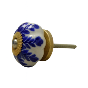 La Finesse Hvid Knop Med Bl� Bladm�nster Og Guld Rosette