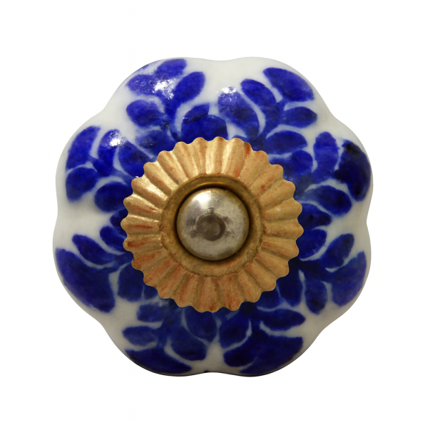 La Finesse Hvid Knop Med Bl� Bladm�nster Og Guld Rosette