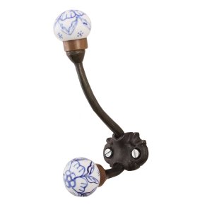 Lundager Dobbelt Knage Med Porcel�ns Knop, Hvid / Bl�