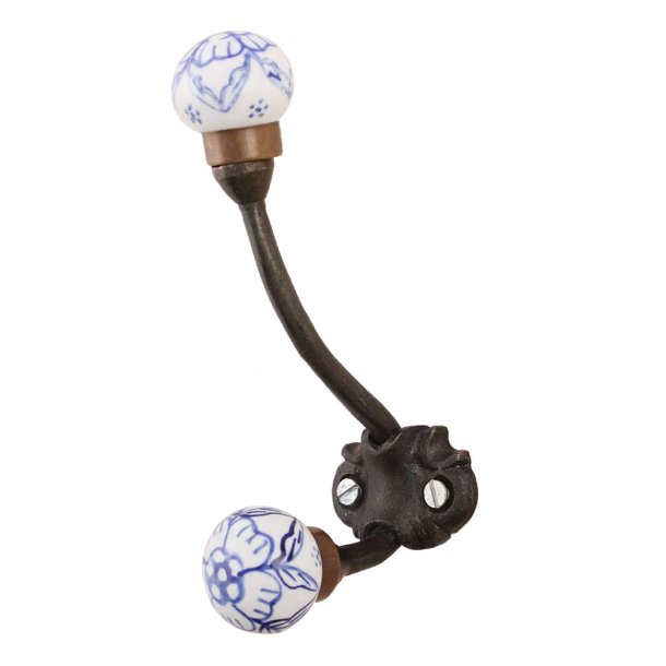 Lundager Dobbelt Knage Med Porcel�ns Knop, Hvid / Bl�