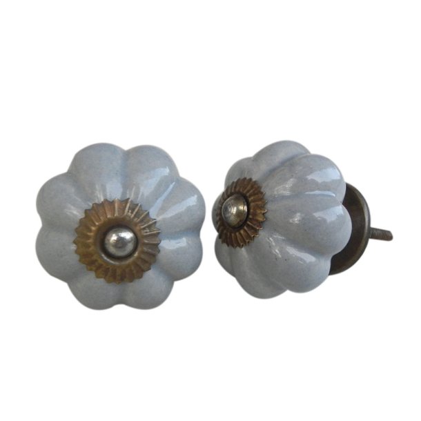 Lundager Keramikknop i Lysegr� Med Roset i Antique Messing, 4 cm