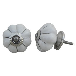 Lundager Hvid Keramik Knop, S�lv Striber