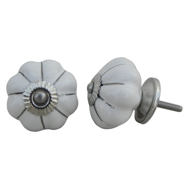 Lundager Hvid Keramik Knop, S�lv Striber