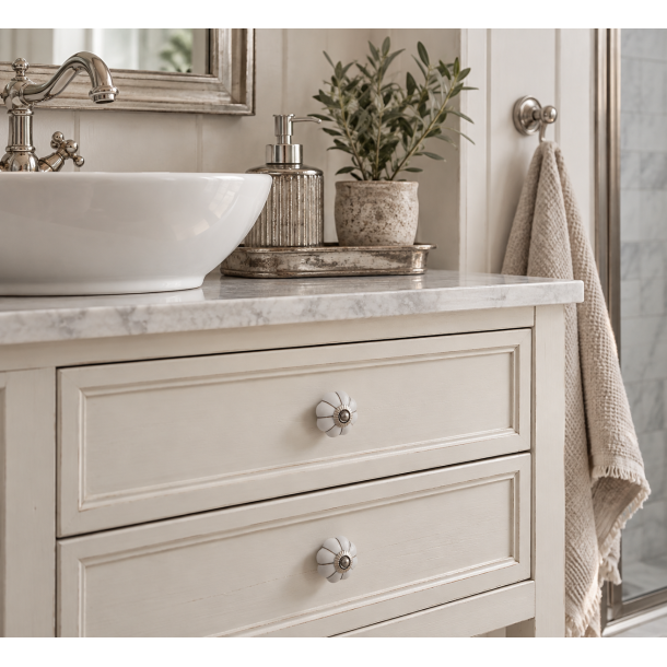 Lundager Hvid Keramik Knop, S�lv Striber