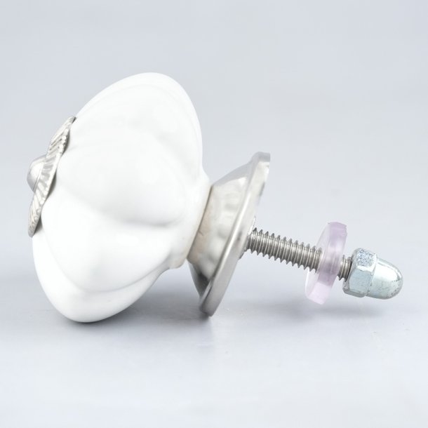 Lundager Keramik Knop Hvid, S�lv Rosette, 4 cm