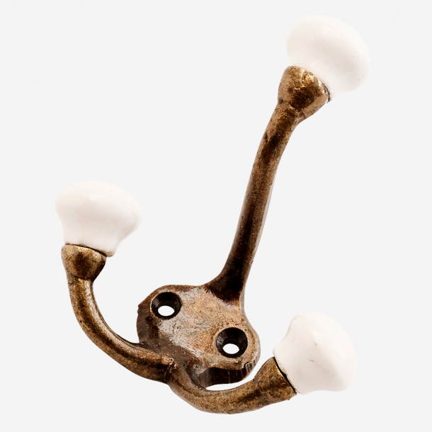 Madam Stoltz 3-dobbelt knage i jern med porcel�ns knop, hvid