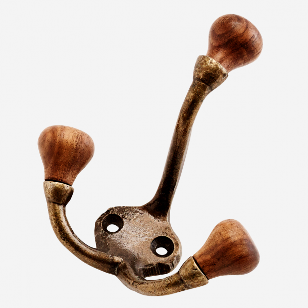 Madam Stoltz 3-dobbelt knage i jern med tr knopper, Antique Brass