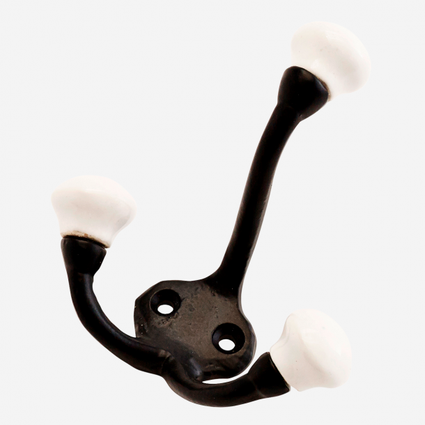 Madam Stoltz 3-dobbelt knage i jern med porcel�ns knop, sort og hvid